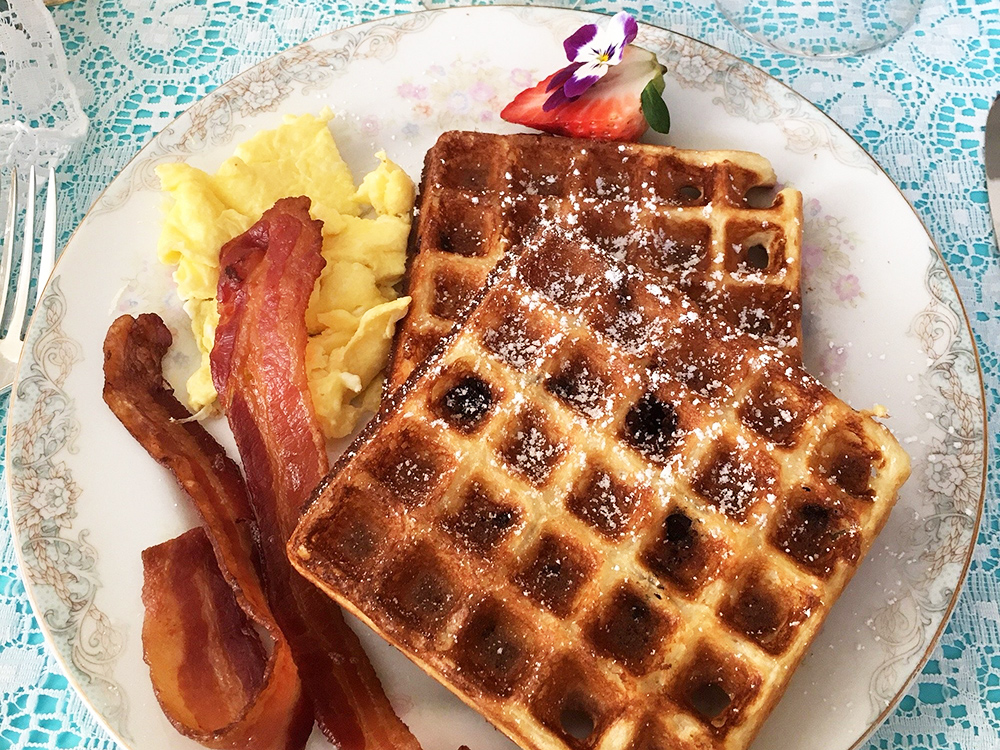 waffles, eggs, bacon